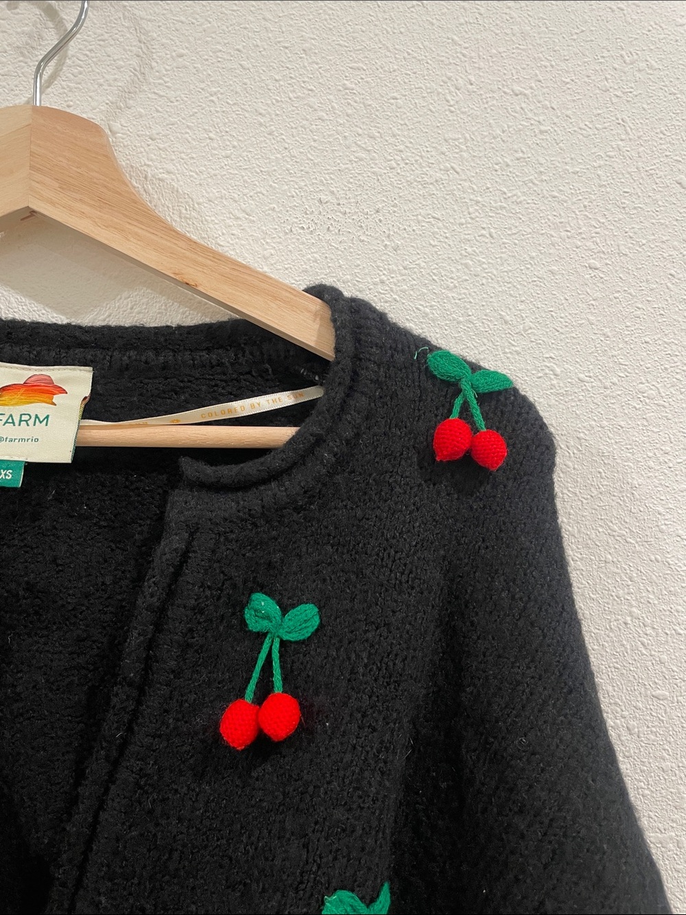 FARM Rio Anthropologie Crochet Cherry Embroidered Sweater Black Cardigan XS - Picture 7 of 15